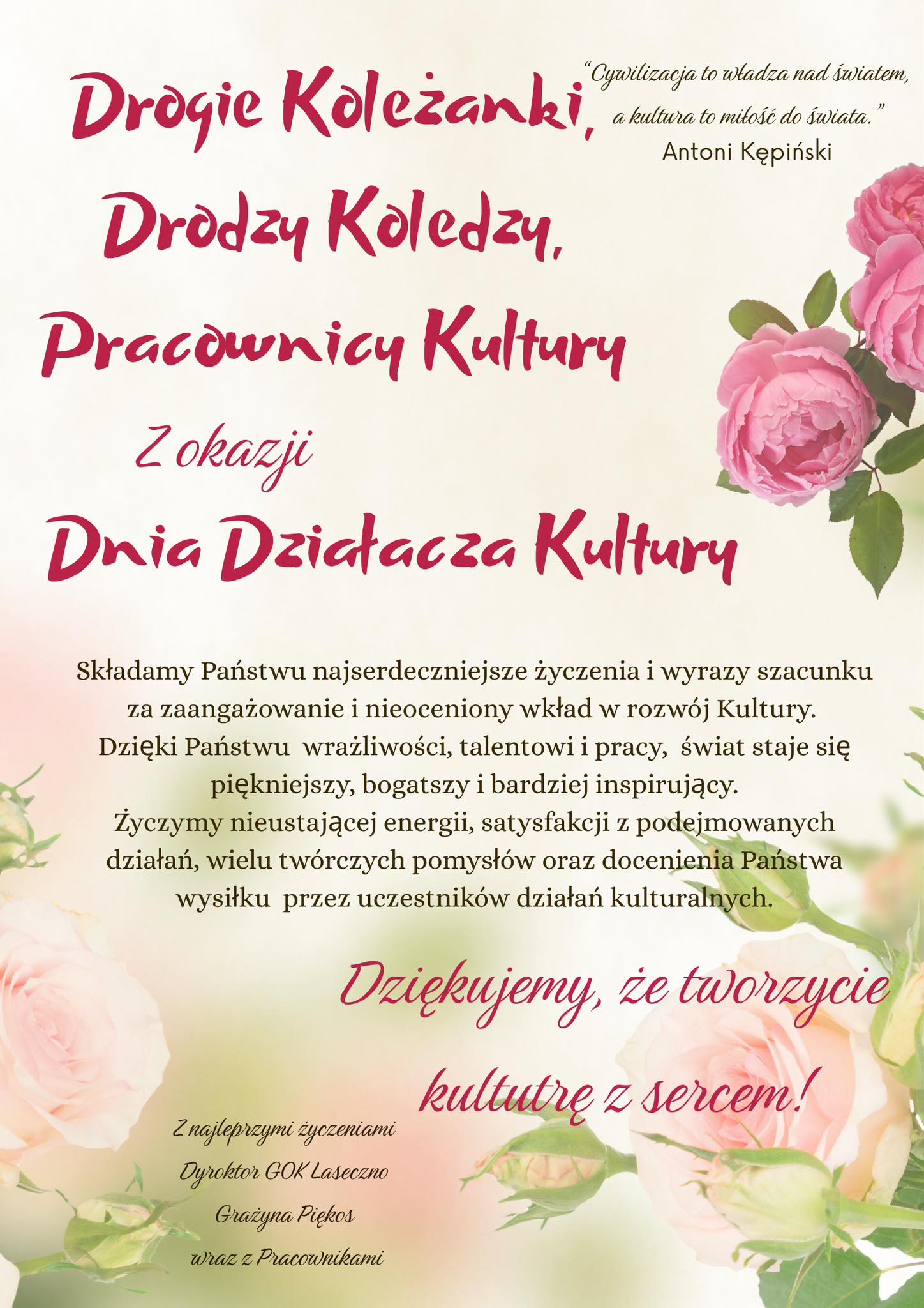 Życzenia z okazji Dnia Działacza Kultury