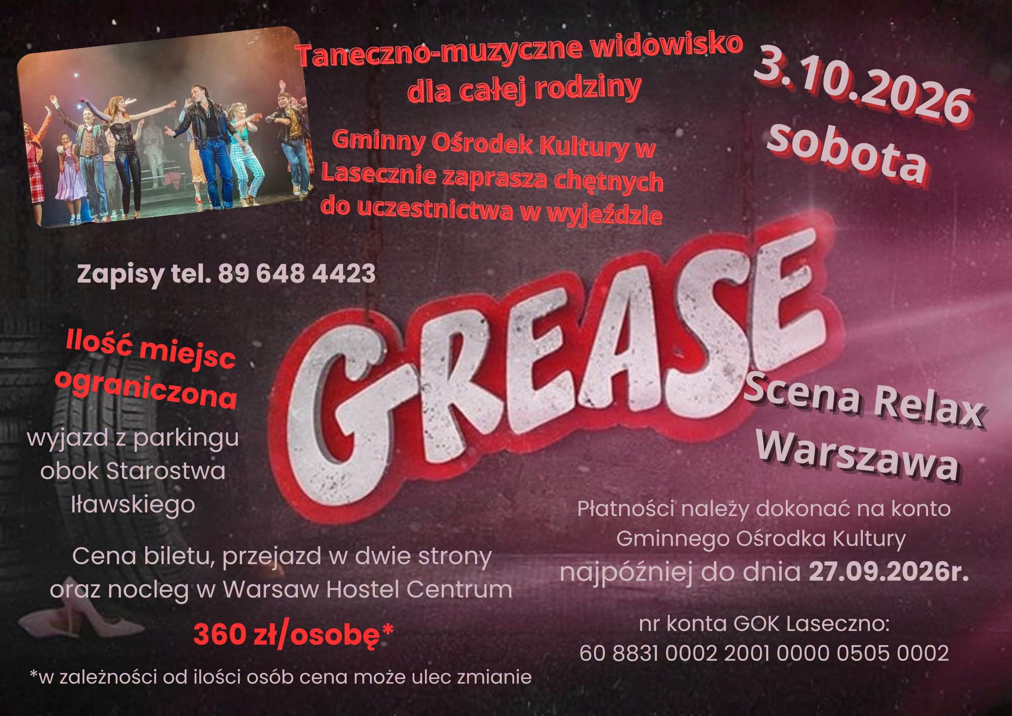 “Grease” – wyjazd na musical organizowany przez GOK Laseczno 03.10.2026!